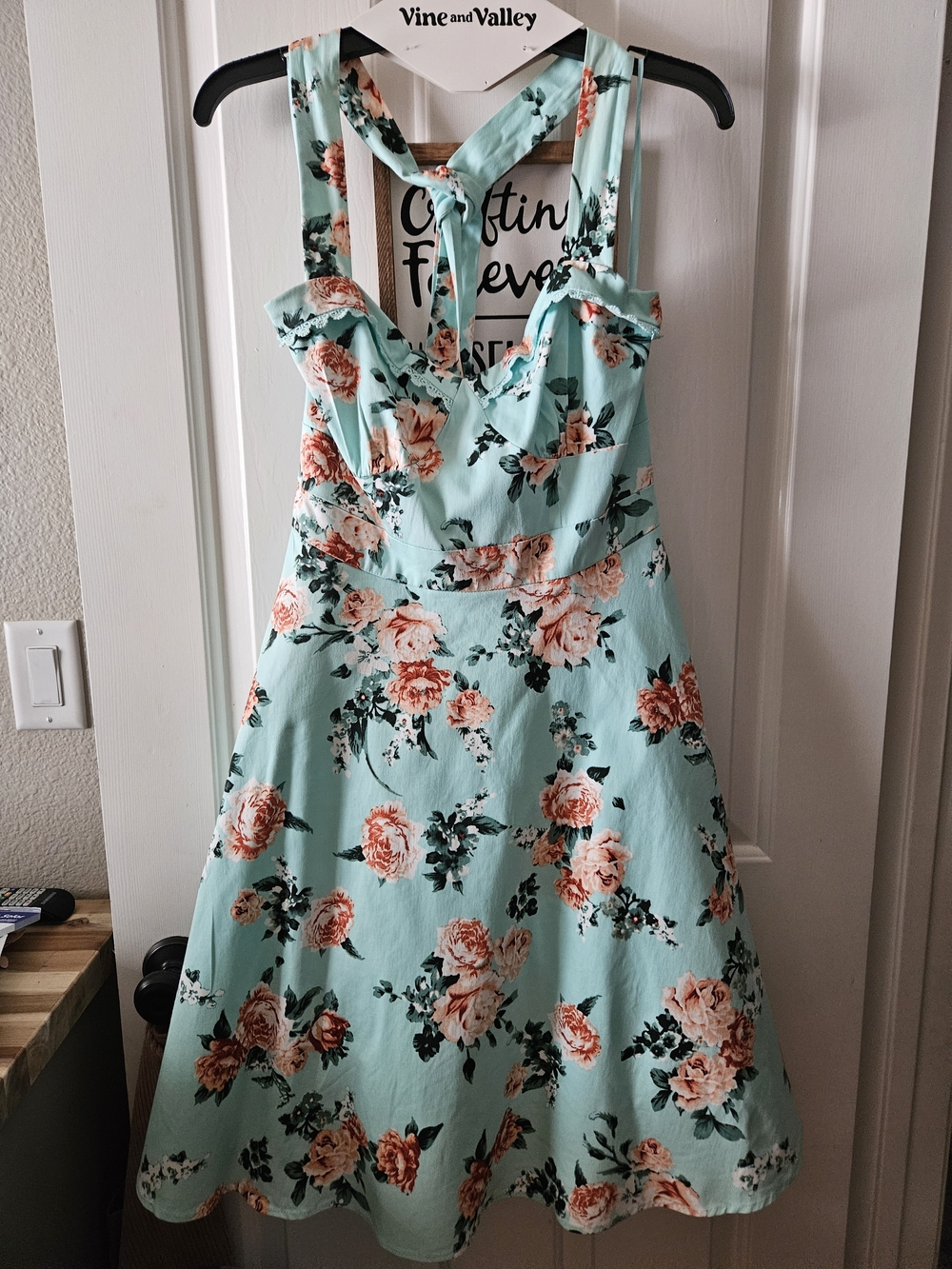 Hot Topic Floral Halter Fit & Flare Dress in Mint and Peach